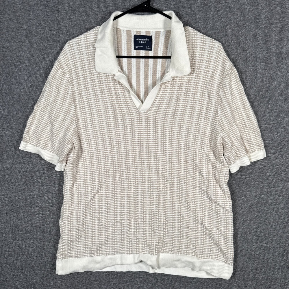 Abercrombie & Fitch Polo Shirt Mens Large Beige Striped Knit Johnny Open Collar